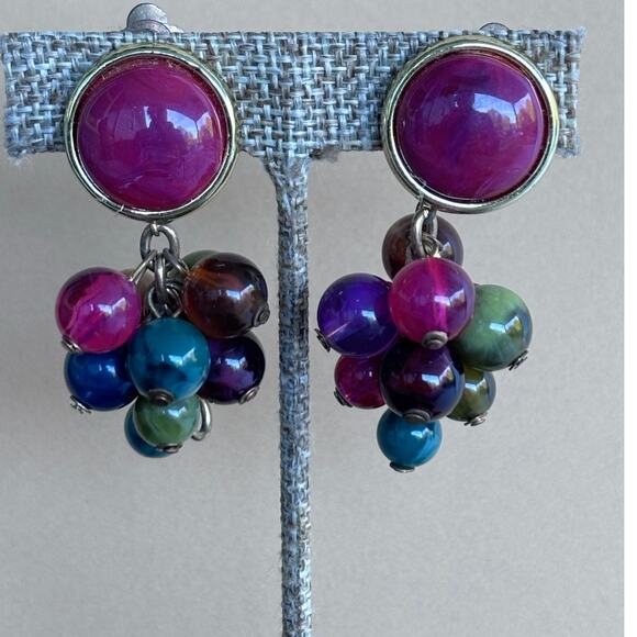 Vintage 80's Enamel & Jewel Tone Beaded Drop Dangle Earrings - Picture 1 of 5